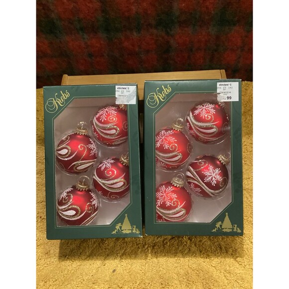 Krebs Glass Christmas Ornaments Red Velvet Balls Gold / White Scrolls Snowflakes - Picture 1 of 9